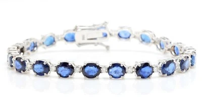 Brazalete de oro blanco macizo de 14 quilates con zafiro azul natural y diamante de 11,00 quilates Foto 1 de 4