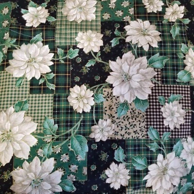 Vtg Concord Fabric by Kesslers White Poinsettia Green Black Plaid 4+ Yards - Image 1 of 3