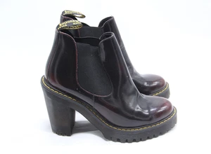 Dr. MARTENS Hurston Chelsea Boots Womens Sz 7 Burgundy Shiny Leather Heeled Lug - Picture 1 of 8