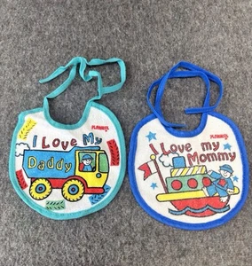 Lot of 2 Baby Bibs Vintage Playskool I Love Mommy I Love Daddy Fabric Ties - Picture 1 of 2
