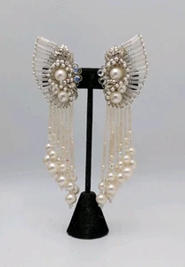Vintage Retro Faux Pearl AB Glass Bead Tassel Clear Crystals Clip On Earrings - Picture 1 of 9