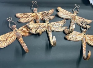 Set of 5 Vintage Inspired Dragonfly Wall Hooks Metal Good Luck Made in India - Picture 1 of 10
