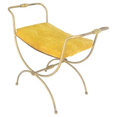 Italian Brass & Steel Bent Wire Ball Feet Gold Upholstery Cushion Window Bench - Image 1 of 4