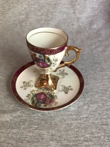 Vintage Bavaria Victorian Couple Footed Porcelain Cup & Saucer Luster ware - Picture 1 of 8