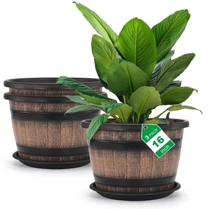 Large Plastic 3 Pack16 inch Plant Pots,Whiskey Barrel Planters with Drainage ... - Picture 1 of 7