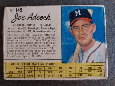 1962 JELLO #145 JOE ADCOCK, MILWAUKEE BRAVES, VERY GOOD, FREE SHIPPING - Image 1 of 2