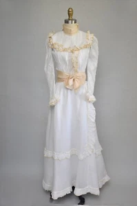 Antique VTG 1899 Edwardian Victorian White Cotton Silk Wedding Set Skirt Bodice - Picture 1 of 11
