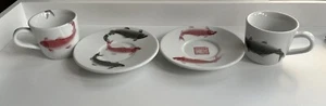 Pair Of Signed Oriental Porcelain Small Cups And Saucers Koi Carp Design - Picture 1 of 23