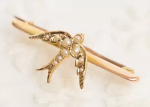 9ct Yellow Chester Gold & Seed Pearl Swallow Bird Bar Brooch Antique Edwardian - Picture 1 of 3