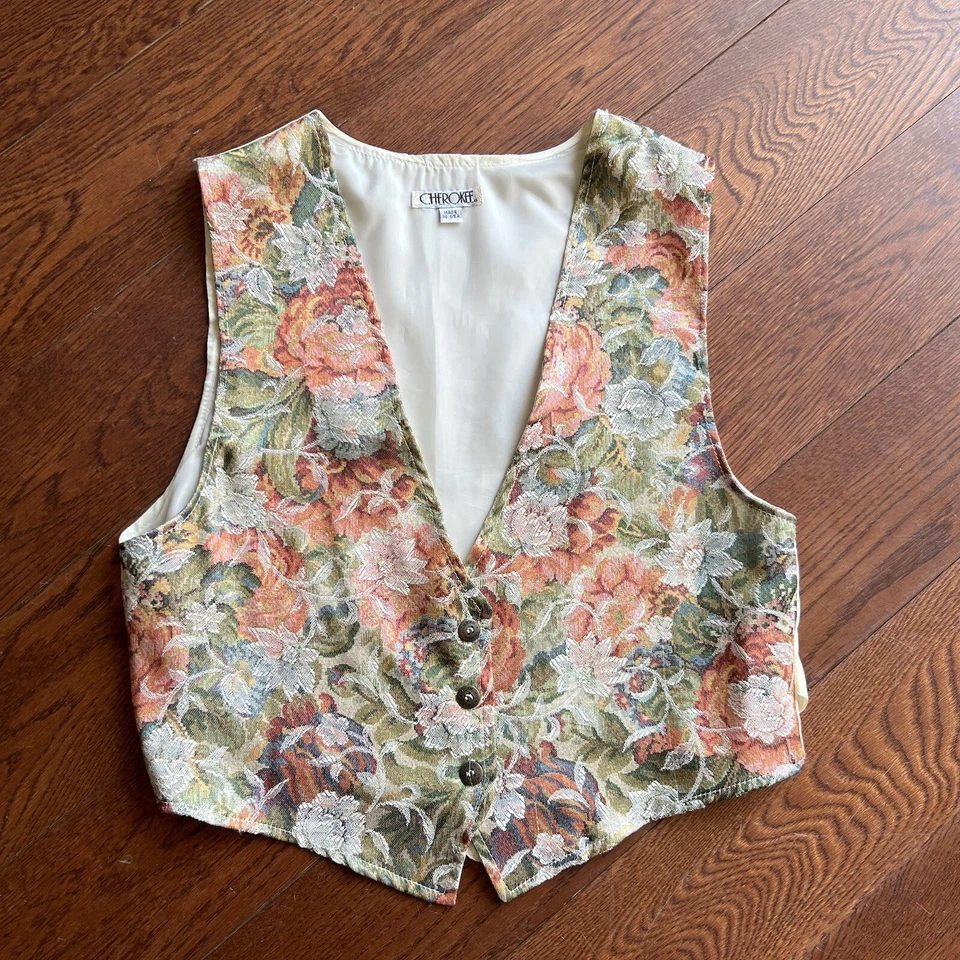 Vtg 90s Floral Vest Cropped Womens Sz M Pink Tapestry Button Front Made In USA - Image 1 of 4
