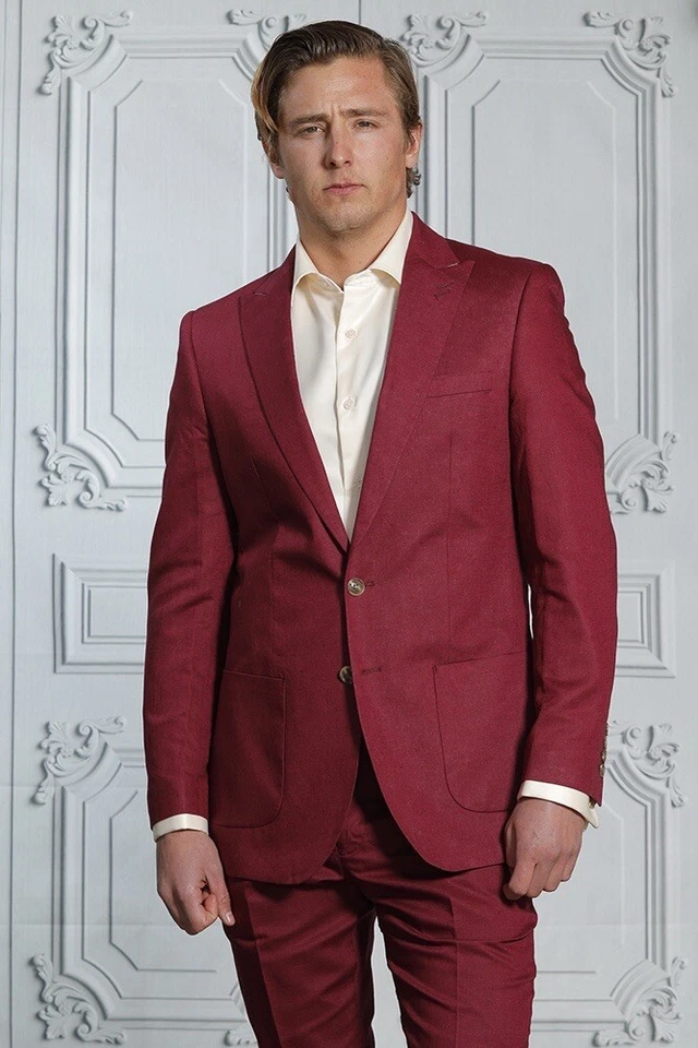 NUEVO CON ETIQUETAS 42R TRAJE DE LINO BORGOÑA PARA HOMBRE, CORTE AJUSTADO, BOLSILLO DE PARCHE, PANTALÓN DELANTERO PLANO Foto 1 de 1