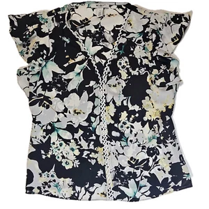 White House Black Market Blouse Womens Small Black Floral Flutter Sleeve Office - Picture 1 of 7