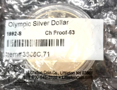 Olympic Solver Dollar 1992 S Ch Proof-63 Sealed and Wrapped Baseball Player - Image 1 of 3