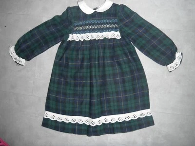 ROBE 18 MOIS COL CLAUDINE MANCHE LONGUE ECOSSAISE A SMOCK  FABRIQUE FRANCE - Photo 1/3