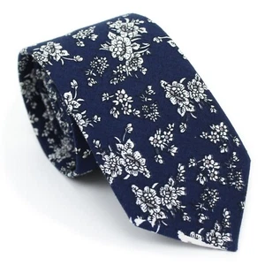 Parquet Navy/White/Gray Floral Print 100% Cotton Skinny Neck Tie - Picture 1 of 5
