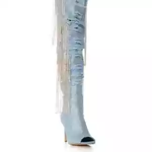 AZALEA WANG " DRAPED DRAMA " RHINESTONE DENIM PEEP TOE BOOT (Brand New) - Picture 1 of 5