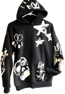 Sudadera con Capucha Gráfica Art Negra Blanca Sudadera Para Hombres Pequeña Suelta Suelta Se Ajusta como una Mediana Foto 1 de 4