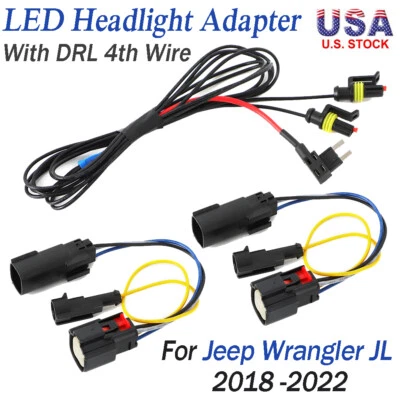 For Jeep Wrangler JL 2018-2022 LED Headlight Adapter with DRL 4th Wire Harness - Image 1 of 4