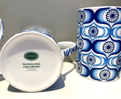 РЕДКИЙ набор из 4 портмейрион сине-белый смелый узор кости фарфора кофе чая кружки - Изображение 1 из 4