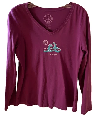 Camiseta LIFE IS GOOD MUJER Manga Larga Cuello en V, Ciruela/Púrpura, Mediana, EXCELENTE ESTADO Foto 1 de 4