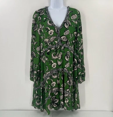 Anthropologie L с оборками ярусный Robin платье зеленый черный богемное длинным рукавом вискоза - Изображение 1 из 4