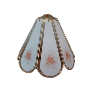 Vintage Brass Glass Touch Lamp Replacement Shade with 8 Pink Floral Glass Panels - Picture 1 of 7