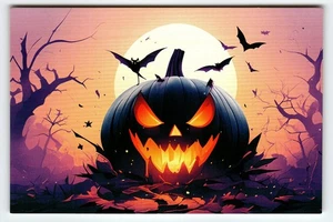 Cartolina d'epoca Halloween fotocromatica zucca nera e pipistrelli 5,5x4" - Foto 1 di 2