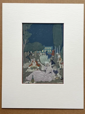 Impresión Pochoir Original George Barbier 1928 Coloreada a Mano: "Sur l'Herbe" Foto 1 de 3