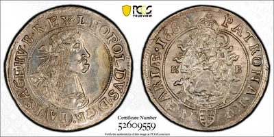 HUNGARY Leopold I Silver 1668 KB 6 Krajczar 	Kremnica PCGS UNC Detail KM# 164(9) - Image 1 of 4