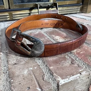 ONYX Vintage Brown Leather Belt w/ Western Silver-Tone Buckle – Size 36 (Unisex) - Picture 1 of 11