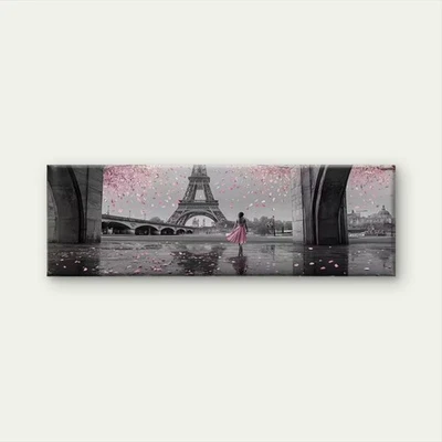 Panoramic Pink Dress Woman Under Eiffel Tower Canvas Print Wall Art Home Decor - Image 1 of 4