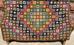 VTG Colorful Granny Square Crochet Afghan Blanket Throw 68x52” Cottage Farm READ - Picture 1 of 7