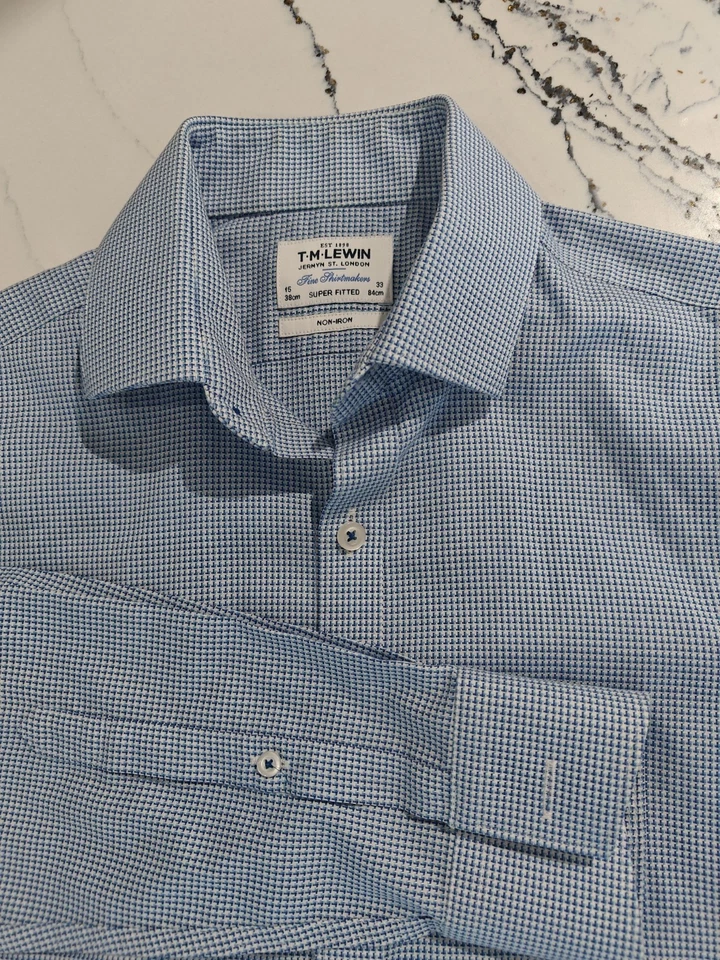 T.M.LEWIN MENS PURE COTTON LS NON-IRON SHIRT IN Blue PLAID SIZE 16 33 - Image 1 of 4