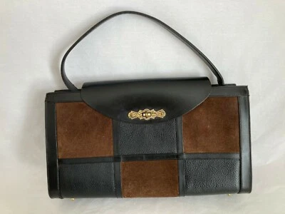 Cartera de mano vintage marrón negro de cuero y gamuza con retazos grande Foto 1 de 4
