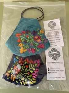 Modern Mexican Mercardo Face Mask Embroidered Flowers Fabric New Aqua Black - Picture 1 of 2