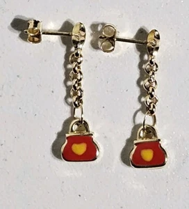 18K Gold Italy Enameled Heart Purse / Handbag Dangle Earrings - Picture 1 of 18