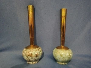 Vintage Delft Holland Hand Painted  Brass & Ceramic Bud Vases x 2  - Picture 1 of 13