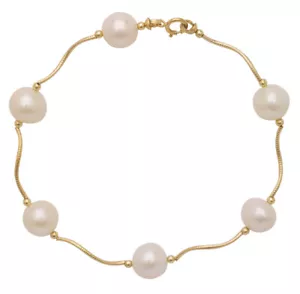 "Pulsera con cuentas de estación de perlas naturales de agua dulce de oro sólido de 14 K 7,5"" 8" - Imagen 1 de 9
