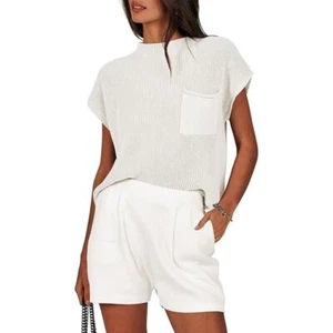 Womens 2 Pc White Knit Sweater Short Set Pullover Top & Shorts Lounge Outfit, XS - Picture 1 of 14