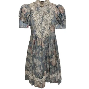 Vintage Jessica McClintock Dress Girl 7 Blue Pink Floral Lace 80s Kids Prairie - Picture 1 of 16