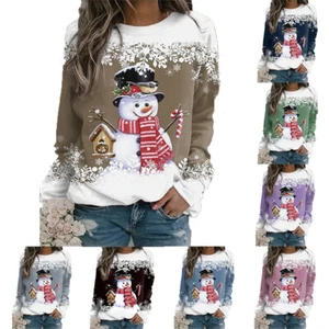 Women Christmas T Shirt Snowman Top Fashion Party Casual Sweatshirt Xmas Blouse - Picture 1 of 16