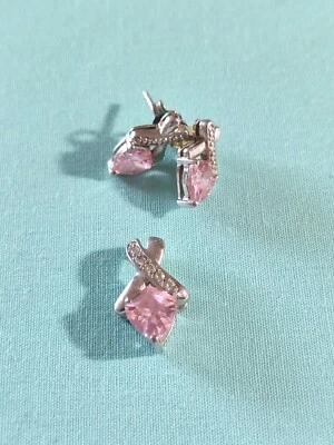 Sterling Silver Pink CZ Glass Pendant Earrings Set Lot - Image 1 of 4