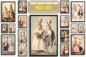 20 Vintage Retro Valentine Rabbit Couple Wall Art - Picture 1 of 7