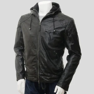 Men's Black Sheepskin Biker Leather Moto Jacket with Hood – Franc Quilted Style - Picture 1 of 6