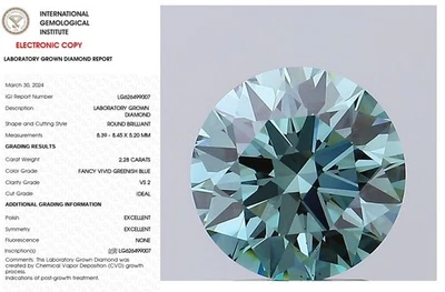 2.28 Round Lab Grown Diamond Engagement Ring IGI Fancy Vivid Greenish Blue VS2 - Image 1 of 4
