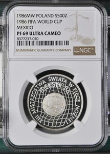 1986 POLAND Silver 500 ZLOTYCH Fifa World Cup NGC PF-69 ULTRA CAMEO - Picture 1 of 2