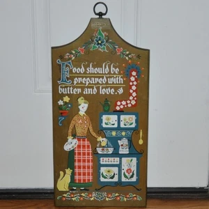 VTG  Berggren Wooden Wall Plaque MCM Swedish Folk Art Butter & Love Old Stove - Picture 1 of 6