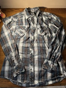 Herrenhemd Schnalle schwarz blau kariert Western genäht Druckknopfverschluss Slim Fit, L - Bild 1 von 11