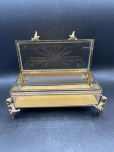 Vntg Cut Glass Jewelry Casket Vanity Box Ormolu Filigree Cherubs Birds READ - Picture 1 of 18