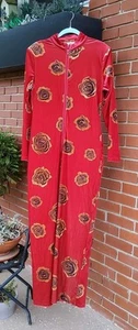 NWT Women's Oyrosy Red Velvet Gold Rose Print Long Sleeve Retro Jumpsuit Size M - Picture 1 of 9